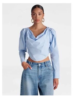 KBB by KAHLANA Women's 'The Balloon Cropped Top' Blue/White Striped L NWT